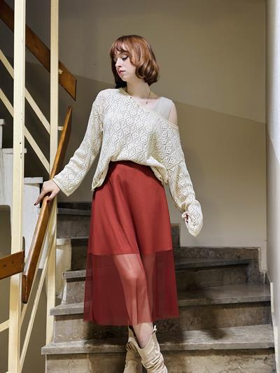 Retrobird Kiremit Midi Boy Tül Romantik Tasarım Etek