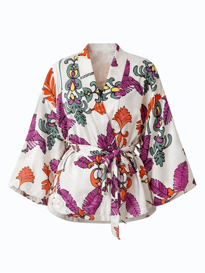 Retrobird Mini Wrap Beyaz Turuncu Bluz Kimono