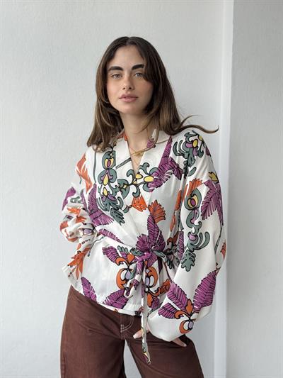 Retrobird Mini Wrap Beyaz Turuncu Bluz Kimono