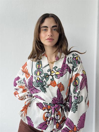 Retrobird Mini Wrap Beyaz Turuncu Bluz Kimono