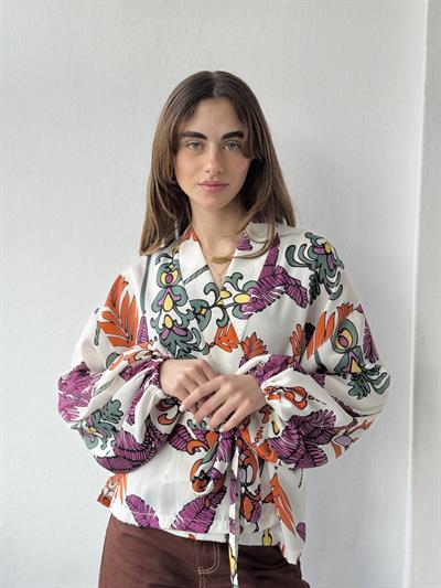 Retrobird Mini Wrap Beyaz Turuncu Bluz Kimono