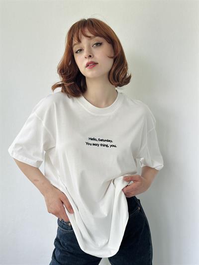 Retrobird Nakışlı Saturday Ekru Unisex Oversize Tişört