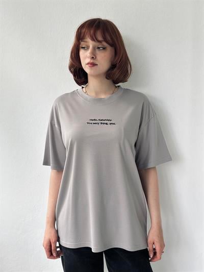 Retrobird Nakışlı Saturday Antrasit Unisex Oversize Tişört