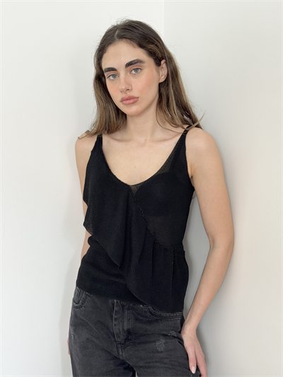 Retrobird Black Noir Asymmetrical Ruffled Knit Tank Top