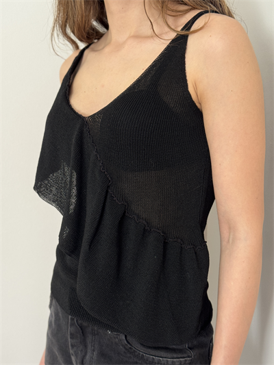 Retrobird Black Noir Asymmetrical Ruffled Knit Tank Top