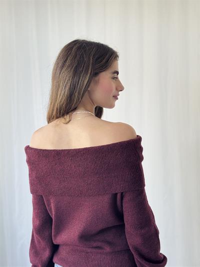 Retrobird Omuz Dekolteli Bordo Straplez Katlamalı Triko Kazak