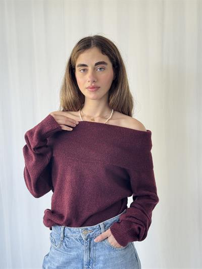 Retrobird Omuz Dekolteli Bordo Straplez Katlamalı Triko Kazak