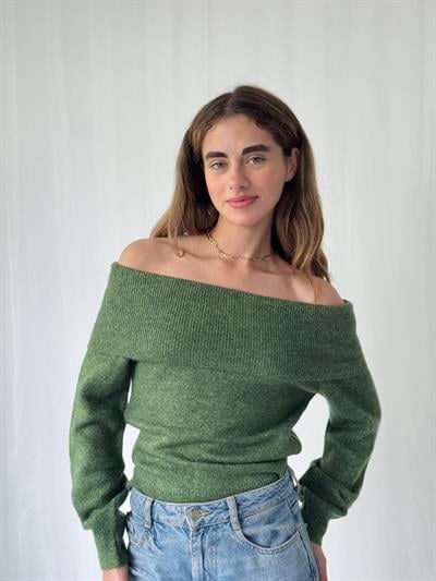 Retrobird Omuz Dekolteli Yeşil Straplez Katlamalı Triko Kazak