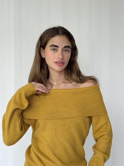 Retrobird Omuz Dekolteli Hardal Straplez Katlamalı Triko Kazak