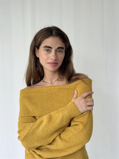 Retrobird Omuz Dekolteli Hardal Straplez Katlamalı Triko Kazak