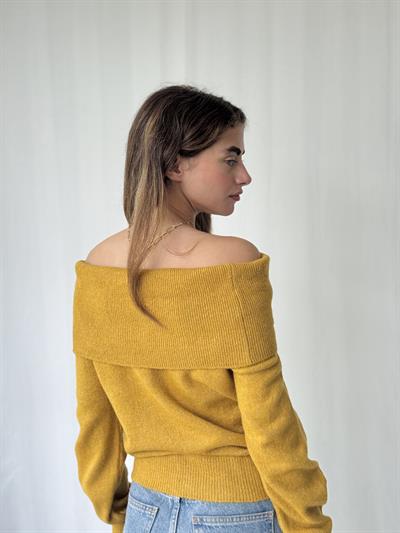 Retrobird Omuz Dekolteli Hardal Straplez Katlamalı Triko Kazak