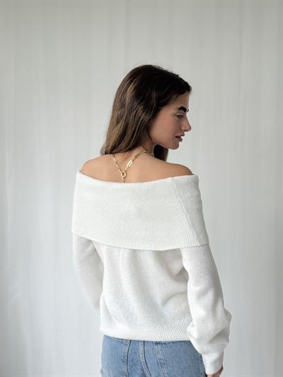 Retrobird Omuz Dekolteli Beyaz Straplez Katlamalı Triko Kazak