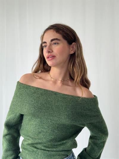 Retrobird Omuz Dekolteli Yeşil Straplez Katlamalı Triko Kazak