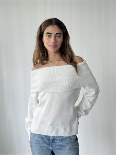 Retrobird Omuz Dekolteli Beyaz Straplez Katlamalı Triko Kazak