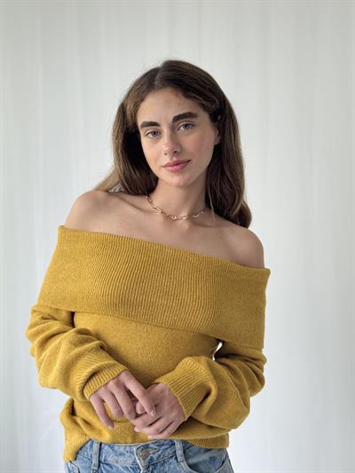 Retrobird Omuz Dekolteli Hardal Straplez Katlamalı Triko Kazak