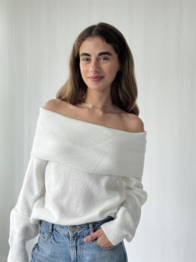 Retrobird Omuz Dekolteli Beyaz Straplez Katlamalı Triko Kazak