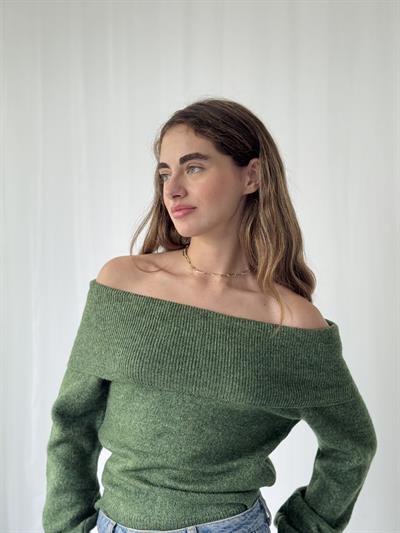 Retrobird Omuz Dekolteli Yeşil Straplez Katlamalı Triko Kazak