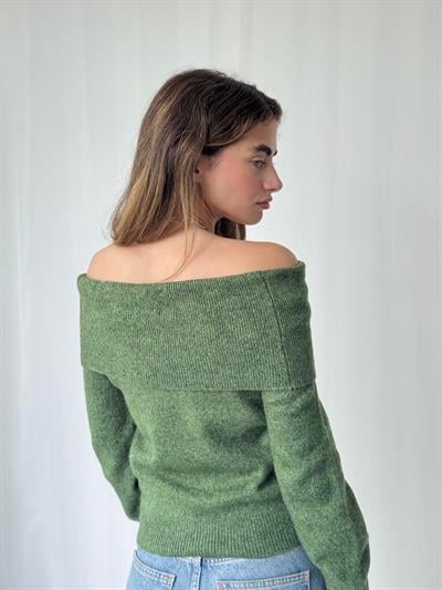 Retrobird Omuz Dekolteli Yeşil Straplez Katlamalı Triko Kazak