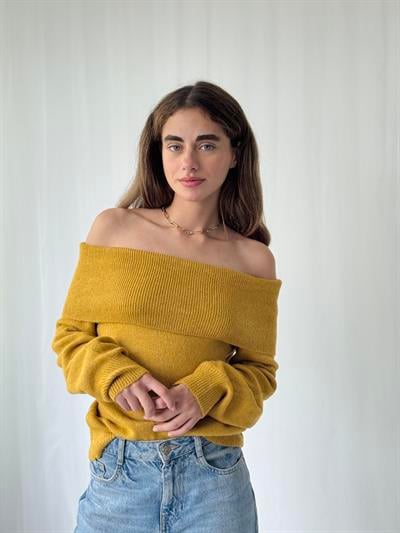 Retrobird Omuz Dekolteli Hardal Straplez Katlamalı Triko Kazak
