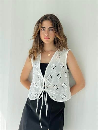 Retrobird Front Tie White Vest Blouse Top