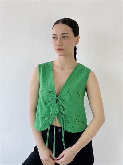 Retrobird Front Tie Green Vest Blouse Top
