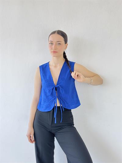 Retrobird Front Laced Saxon Blue Vest Blouse Top