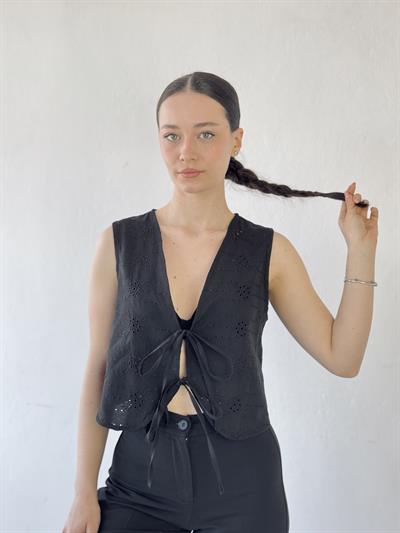 Retrobird Front Laced Black Vest Blouse Top