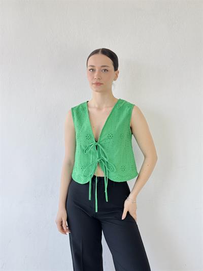 Retrobird Front Tie Green Vest Blouse Top