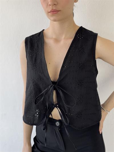 Retrobird Front Laced Black Vest Blouse Top