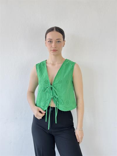 Retrobird Front Tie Green Vest Blouse Top