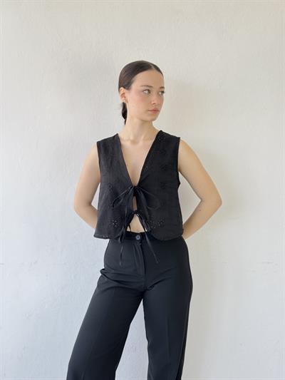 Retrobird Front Laced Black Vest Blouse Top