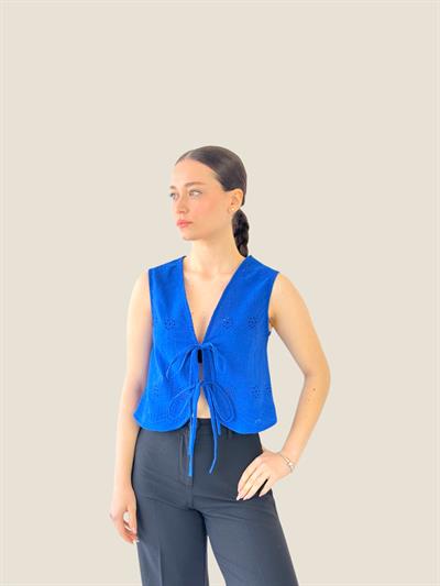 Retrobird Front Laced Saxon Blue Vest Blouse Top