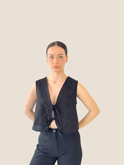 Retrobird Front Laced Black Vest Blouse Top