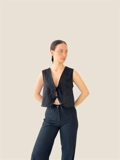 Retrobird Front Laced Black Vest Blouse Top