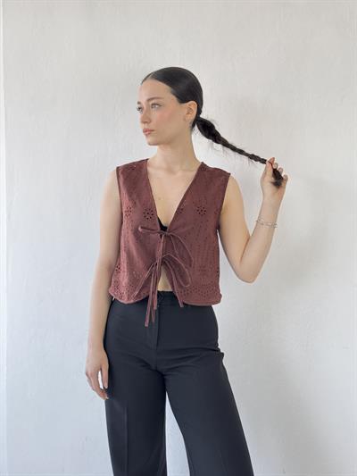 Retrobird Front Laced Brown Vest Blouse Top