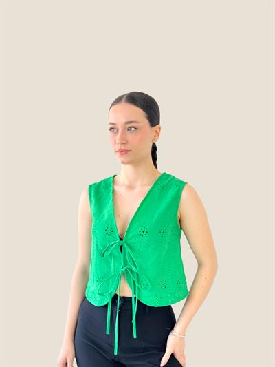 Retrobird Front Tie Green Vest Blouse Top