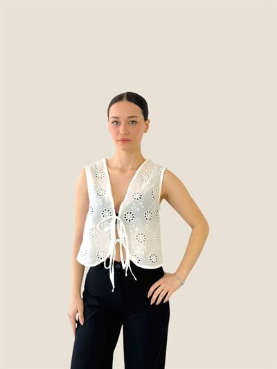Retrobird Front Tie White Vest Blouse Top