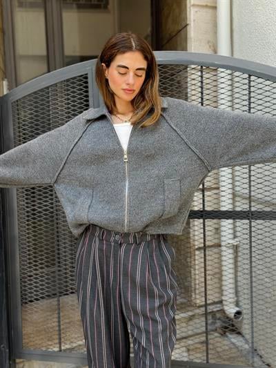 Retrobird Front Zippered Polo Collar Smoke Jacket Cardigan