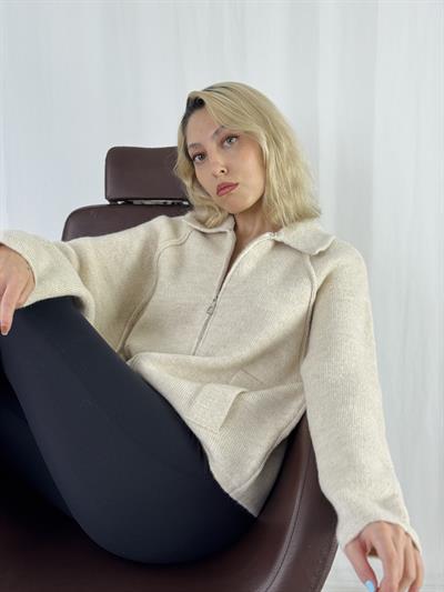 Retrobird Önden Fermuarlı Polo Yaka Krem Ceket Hırka