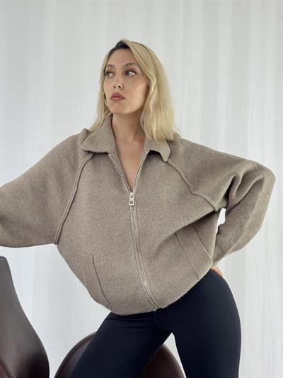 Retrobird Önden Fermuarlı Polo Yaka Vizon Ceket Hırka