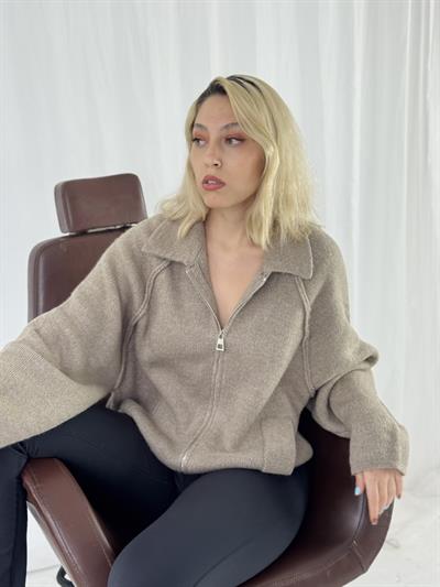 Retrobird Önden Fermuarlı Polo Yaka Vizon Ceket Hırka