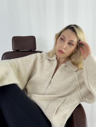 Retrobird Önden Fermuarlı Polo Yaka Krem Ceket Hırka