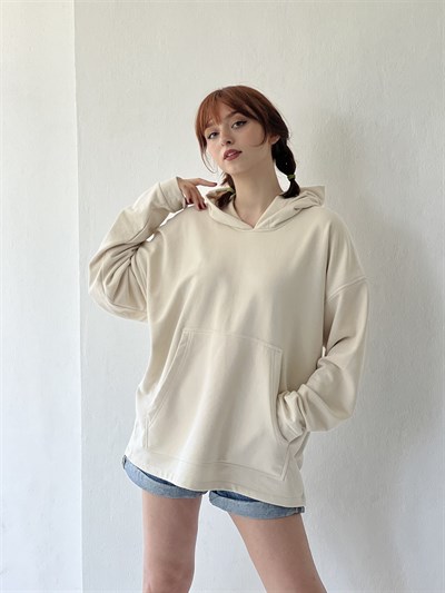 Retrobird Oversize Unisex Basic Hooded Beige Sweatshirt