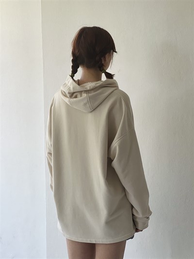 Retrobird Oversize Unisex Basic Hooded Beige Sweatshirt