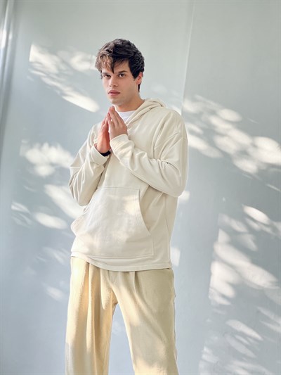 Retrobird Oversize Unisex Basic Hooded Beige Sweatshirt