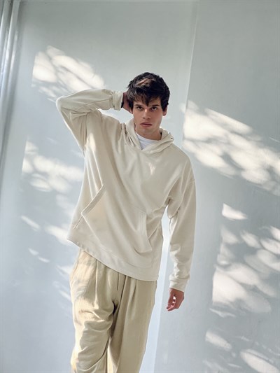 Retrobird Oversize Unisex Basic Hooded Beige Sweatshirt