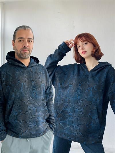 Retrobird Oversize Navy Blue Unisex Hooded Sweatshirt