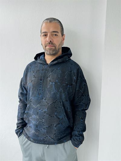 Retrobird Oversize Navy Blue Unisex Hooded Sweatshirt