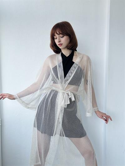Retrobird Shiny Mesh Fabric Long Kimono