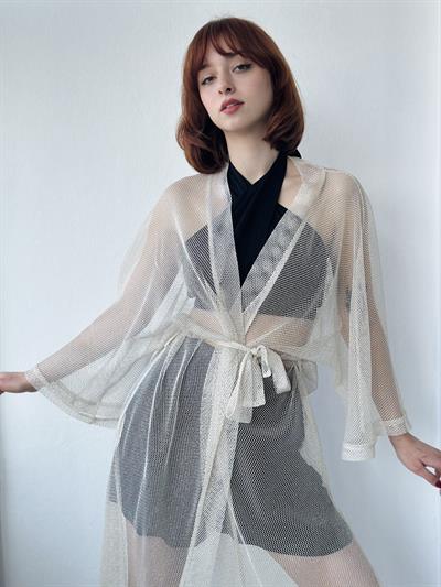 Retrobird Shiny Mesh Fabric Long Kimono